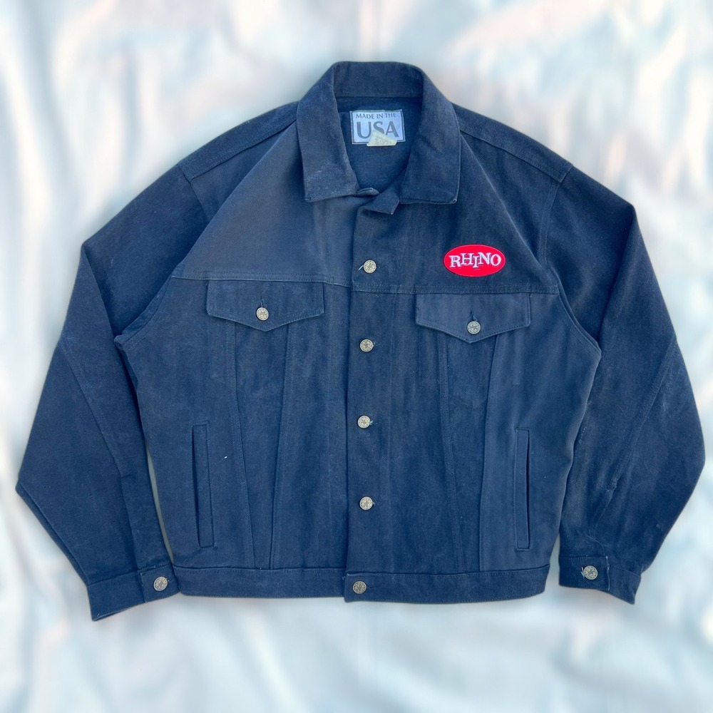 VTG Rhino Denim Jacket Men's Size M Black Trucker Patch USA Trucker Workwear EUC